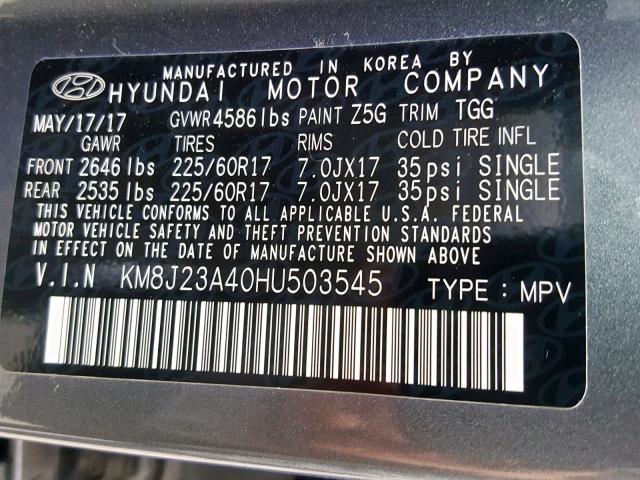 KM8J23A40HU503545 - 2017 HYUNDAI TUCSON SE GRAY photo 10