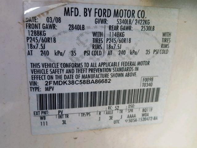 2FMDK38C58BA86682 - 2008 FORD EDGE SEL WHITE photo 10