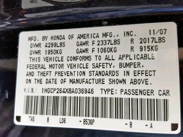 1HGCP264X8A036946 - 2008 HONDA ACCORD LXP BLUE photo 10