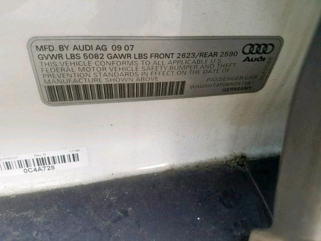 WAUAH74F08N041681 - 2008 AUDI A6 3.2 WHITE photo 10