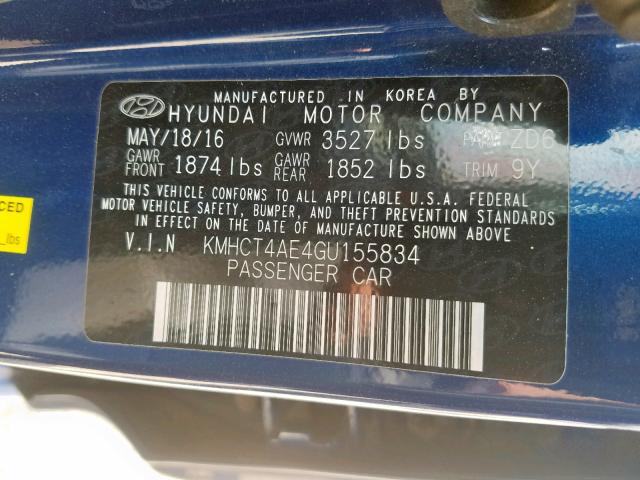 KMHCT4AE4GU155834 - 2016 HYUNDAI ACCENT SE BLUE photo 10