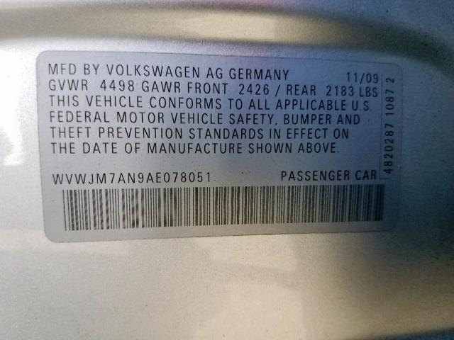 WVWJM7AN9AE078051 - 2010 VOLKSWAGEN PASSAT KOM SILVER photo 10