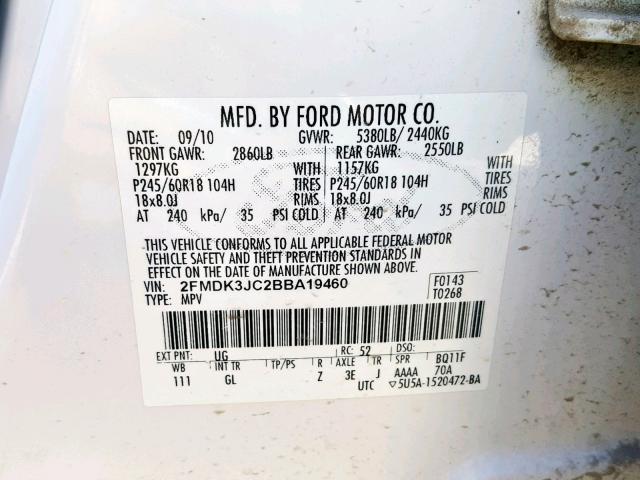 2FMDK3JC2BBA19460 - 2011 FORD EDGE SEL WHITE photo 10