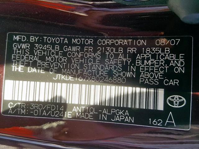 JTKDE167X80246880 - 2008 TOYOTA SCION TC იასამნისფერი ფოტო 10