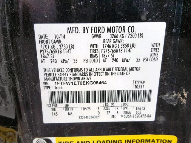 1FTFW1ET6EKG06464 - 2014 FORD F150 SUPER CHARCOAL photo 10