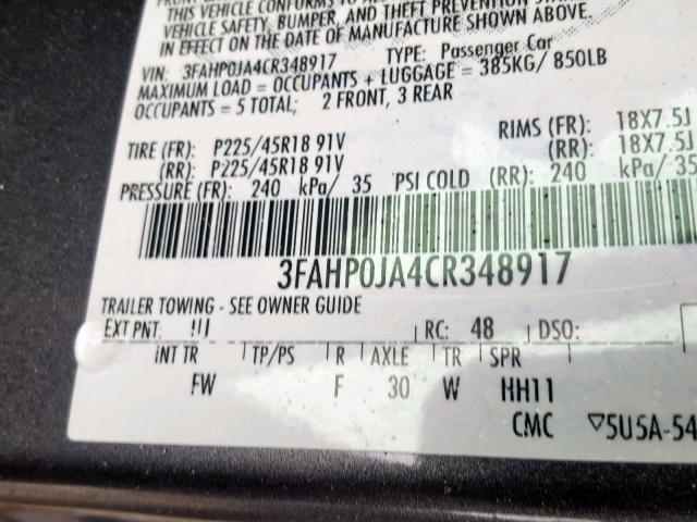 3FAHP0JA4CR348917 - 2012 FORD FUSION SEL GRAY photo 10