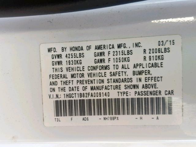 1HGCT1B82FA009140 - 2015 HONDA ACCORD EXL WHITE photo 10