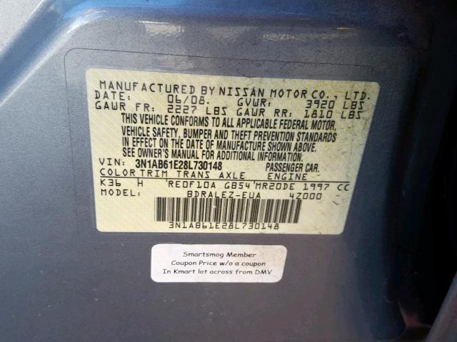 3N1AB61E28L730148 - 2008 NISSAN SENTRA 2.0 GRAY photo 10