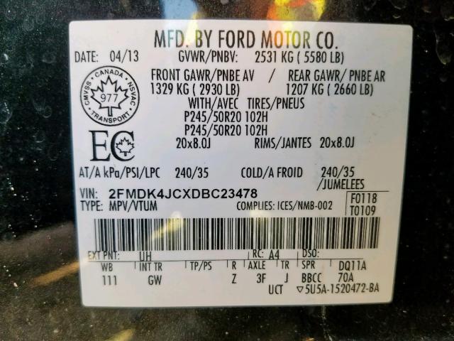 2FMDK4JCXDBC23478 - 2013 FORD EDGE SEL BLACK photo 10