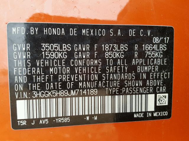 3HGGK5H89JM714189 - 2018 HONDA FIT EX ORANGE photo 10