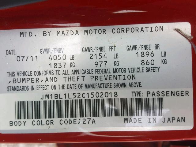 JM1BL1L52C1502018 - 2012 MAZDA 3 S RED photo 10