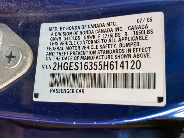 2HGES16355H614120 - 2005 HONDA CIVIC DX V BLUE photo 10