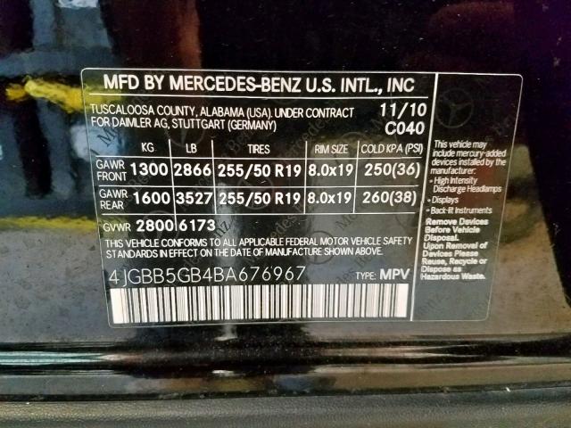 4JGBB5GB4BA676967 - 2011 MERCEDES-BENZ ML 350 BLACK photo 10