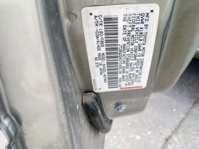 JT2BG22K0Y0450198 - 2000 TOYOTA CAMRY CE 灰色 照片 10