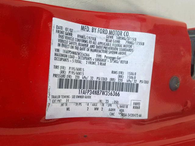 1FAFP34N87W356366 - 2007 FORD FOCUS ZX4 RED photo 10