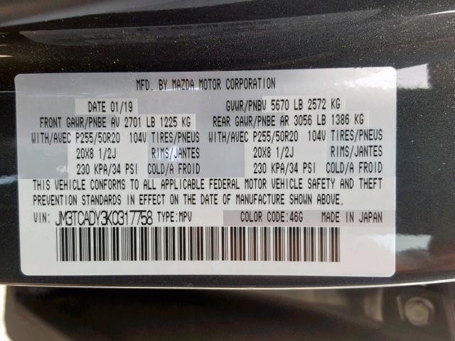 JM3TCADY3K0317758 - 2019 MAZDA CX-9 GRAND GRAY photo 10