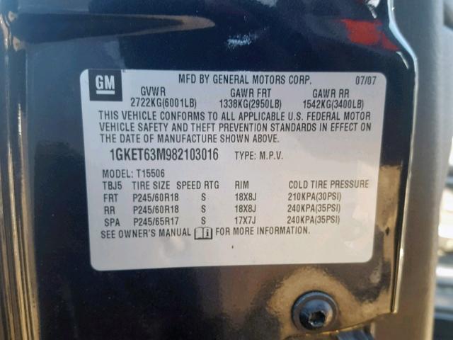 1GKET63M982103016 - 2008 GMC ENVOY DENA BLACK photo 10