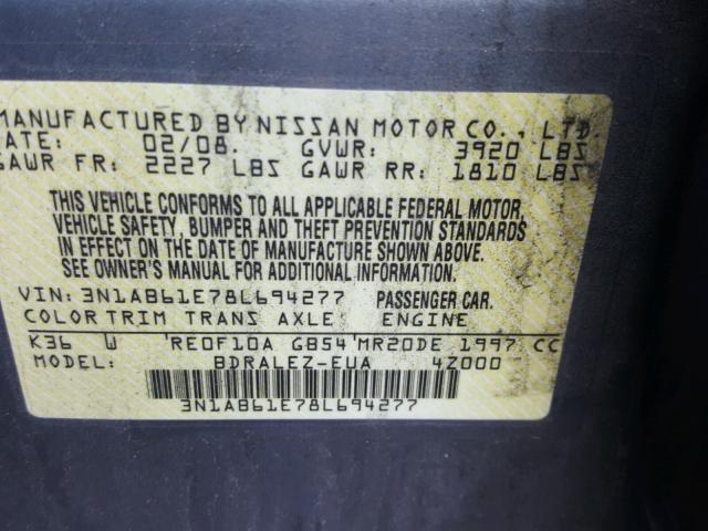 3N1AB61E78L694277 - 2008 NISSAN SENTRA 2.0 GRAY photo 10