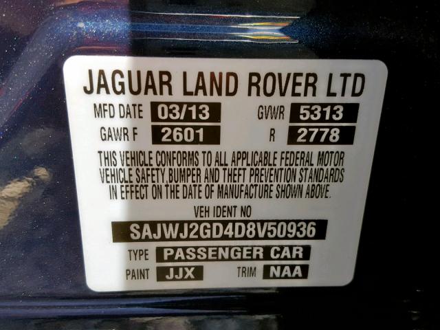 SAJWJ2GD4D8V50936 - 2013 JAGUAR XJL PORTFO BLUE photo 10