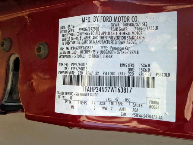 1FAHP34N27W163817 - 2007 FORD FOCUS ZX4 MAROON photo 10