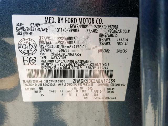 2FMGK5BC3ABA17559 - 2010 FORD FLEX SE BLUE photo 10