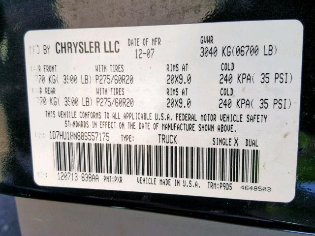 1D7HU18N88S557175 - 2008 DODGE RAM 1500 S BLACK photo 10