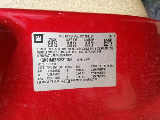 1GKS1MEF2CR316353 - 2012 GMC YUKON XL D RED photo 10