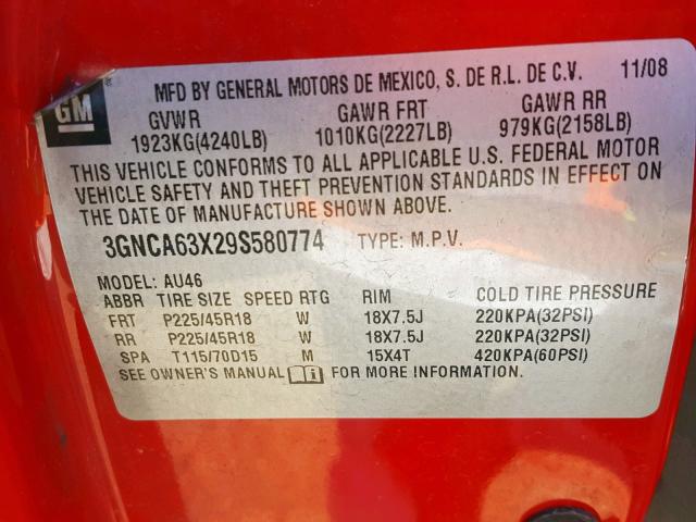 3GNCA63X29S580774 - 2009 CHEVROLET HHR SS RED photo 10