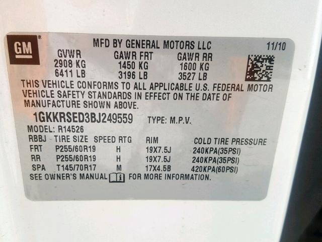 1GKKRSED3BJ249559 - 2011 GMC ACADIA SLT თეთრი ფოტო 10