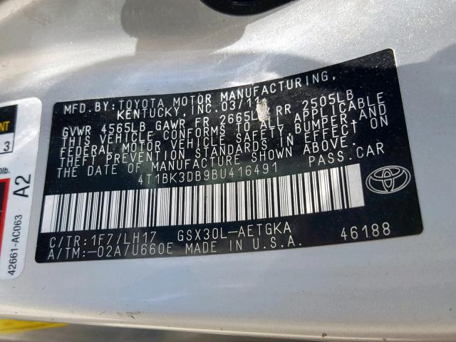 4T1BK3DB9BU416491 - 2011 TOYOTA AVALON BAS SILVER photo 10