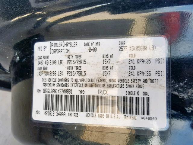 1B7GL2AN1YS700881 - 2000 DODGE DAKOTA QUA BLACK photo 10