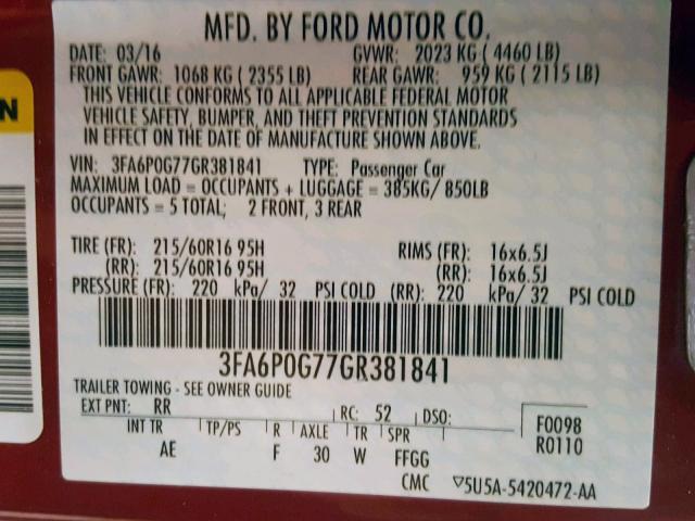 3FA6P0G77GR381841 - 2016 FORD FUSION S RED photo 10