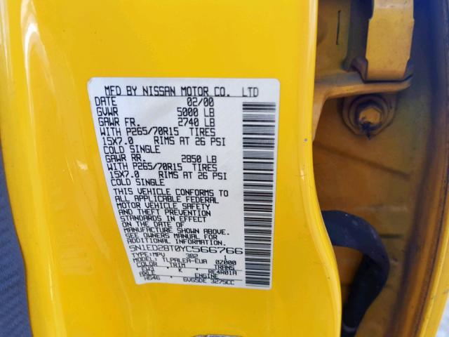 5N1ED28T0YC566766 - 2000 NISSAN XTERRA XE YELLOW photo 10