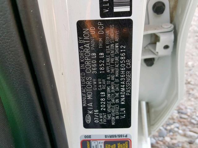 KNADM4A36H6058612 - 2017 KIA RIO LX WHITE photo 10