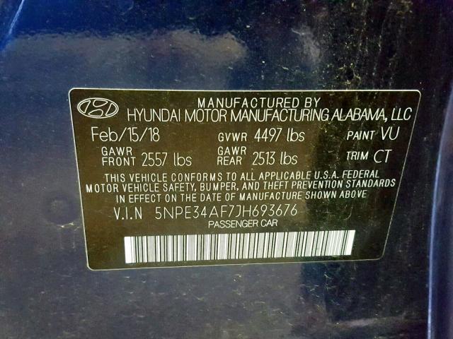 5NPE34AF7JH693676 - 2018 HYUNDAI SONATA SPO BLUE photo 10