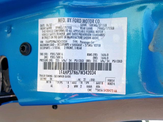 1FAHP37N67W342034 - 2007 FORD FOCUS ZX5 BLUE photo 10