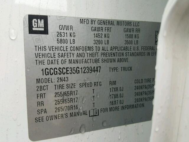 1GCGSCE35G1239447 - 2016 CHEVROLET COLORADO L WHITE photo 10