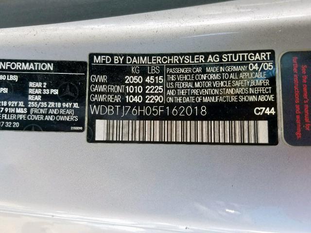 WDBTJ76H05F162018 - 2005 MERCEDES-BENZ CLK 55 AMG SILVER photo 10