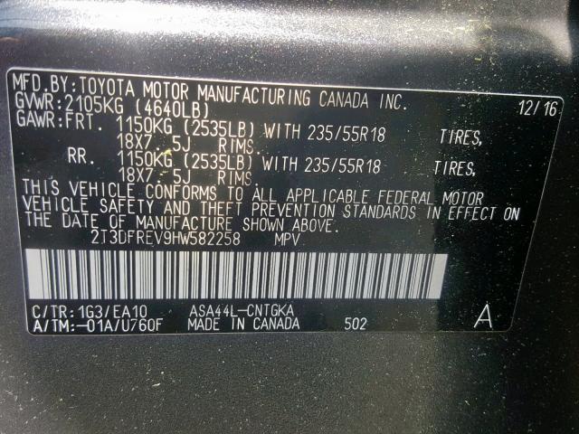 2T3DFREV9HW582258 - 2017 TOYOTA RAV4 LIMIT GRAY photo 10