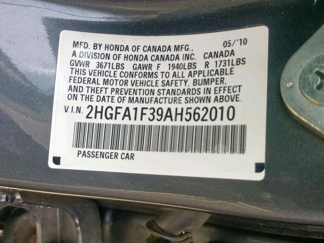 2HGFA1F39AH562010 - 2010 HONDA CIVIC VP GRAY photo 10