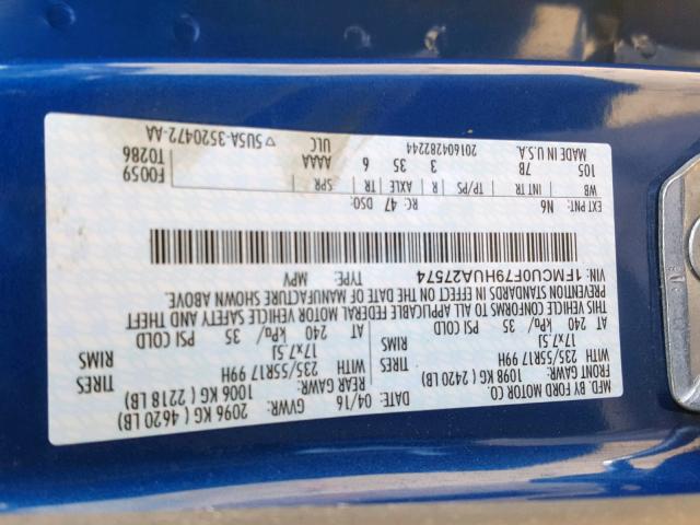 1FMCU0F79HUA27574 - 2017 FORD ESCAPE S BLUE photo 10