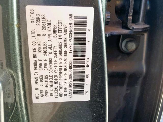 JHMCP26808C049385 - 2008 HONDA ACCORD EXL GRAY photo 10