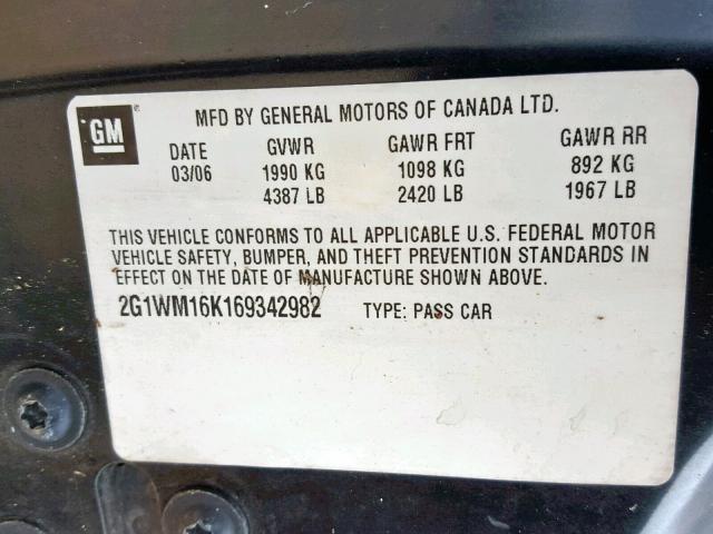 2G1WM16K169342982 - 2006 CHEVROLET MONTE CARL შავი ფოტო 10