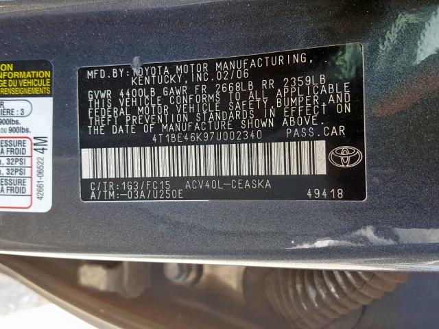 4T1BE46K97U002340 - 2007 TOYOTA CAMRY NEW GRAY photo 10