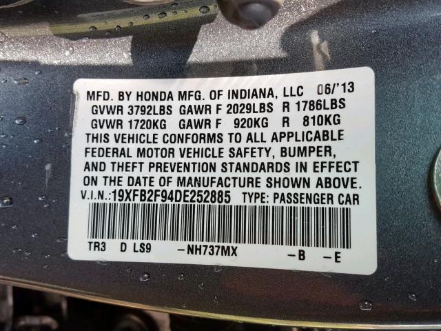 19XFB2F94DE252885 - 2013 HONDA CIVIC EXL ნაცრისფერი ფოტო 10