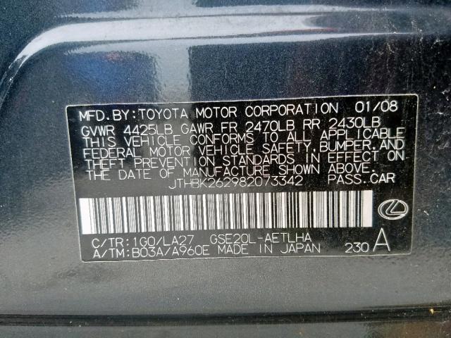 JTHBK262982073342 - 2008 LEXUS IS 250 GRAY photo 10