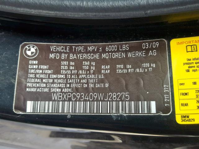 WBXPC93409WJ28275 - 2009 BMW X3 XDRIVE3 BLACK photo 10