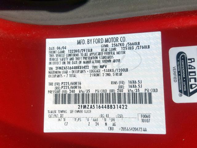 2FMZA51644BB31422 - 2004 FORD FREESTAR S RED photo 10