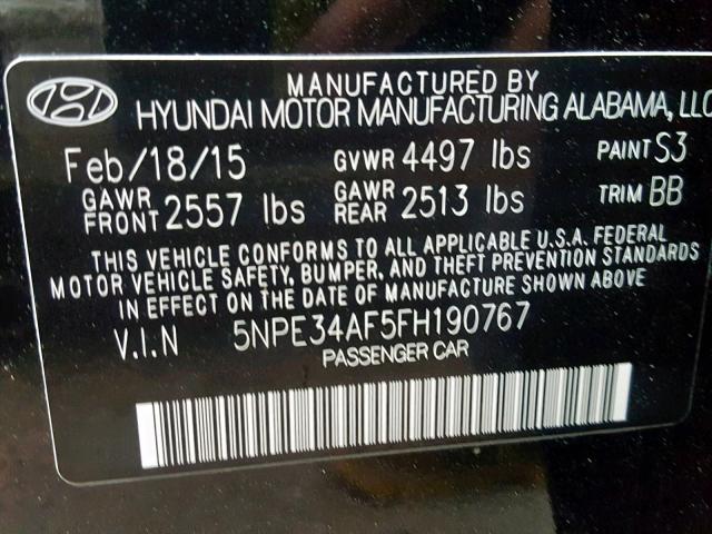 5NPE34AF5FH190767 - 2015 HYUNDAI SONATA SPO BLACK photo 10