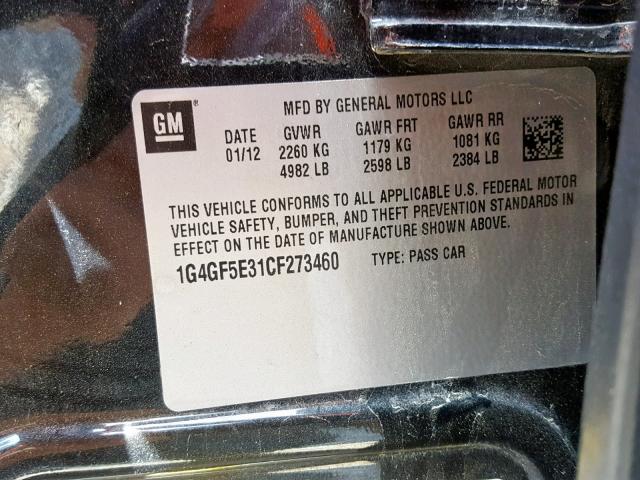 1G4GF5E31CF273460 - 2012 BUICK LACROSSE P BLACK photo 10